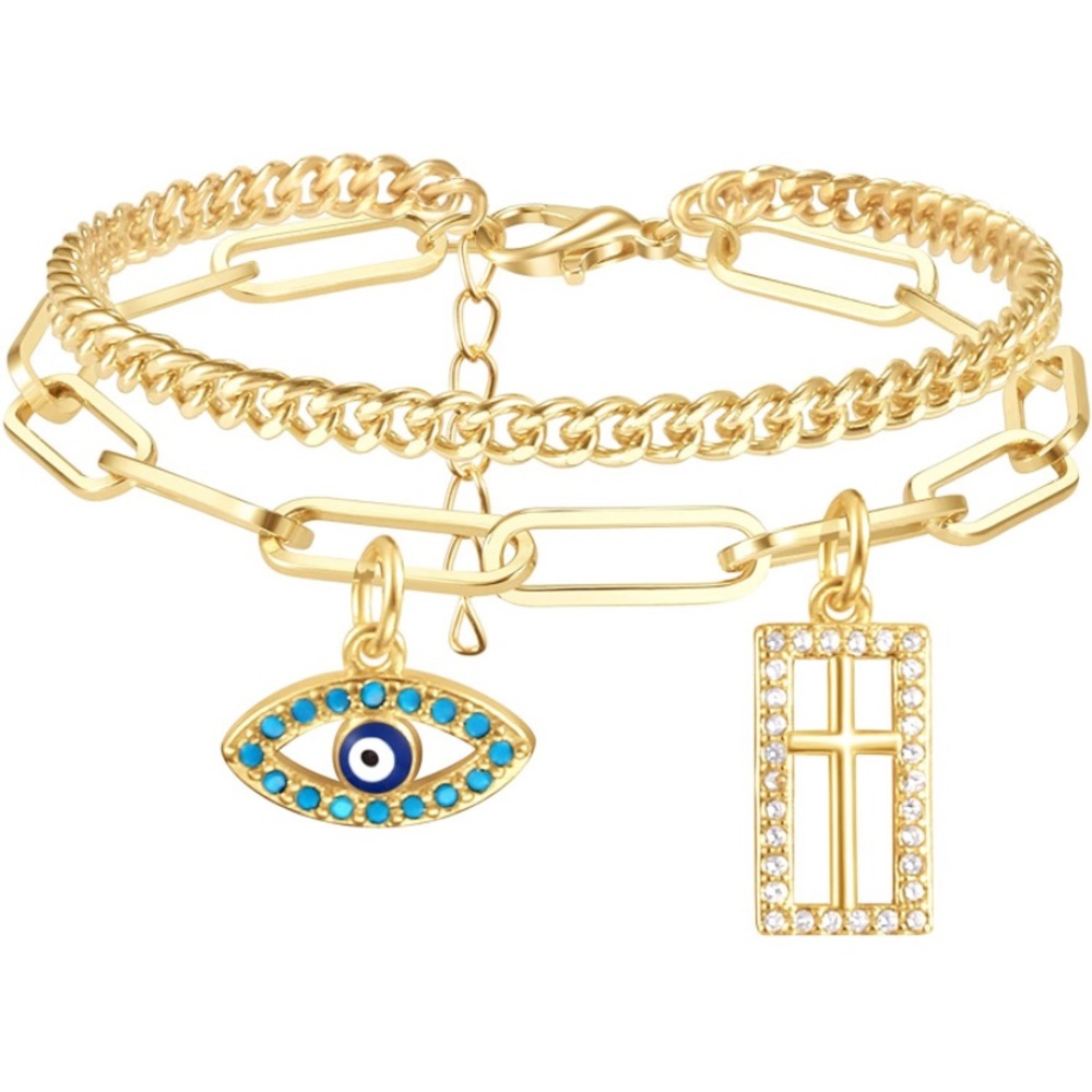 14K Gold Plated Layered Bracelets Evil Eye Cross Link Chain Bracelets